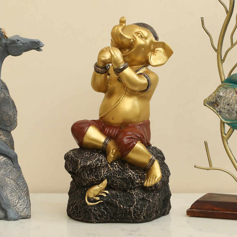 Playful Vinayaka Polyresin Showpiece - Gold & Black