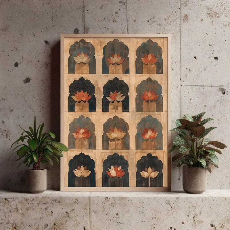 Heritage Lotus Arch Motif Canvas Wall Painting With Brown Frame media 5