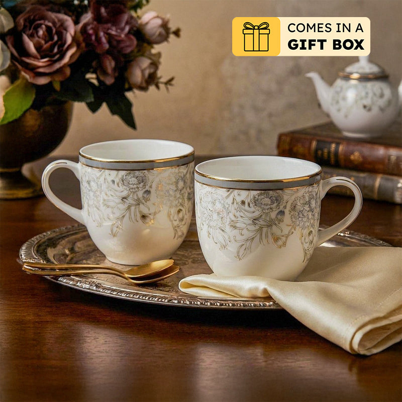 Gilded Iris Pete 24k Gold Brushed Porcelain Coffee Mug (300 mL Each/Grey) - Set Of Four