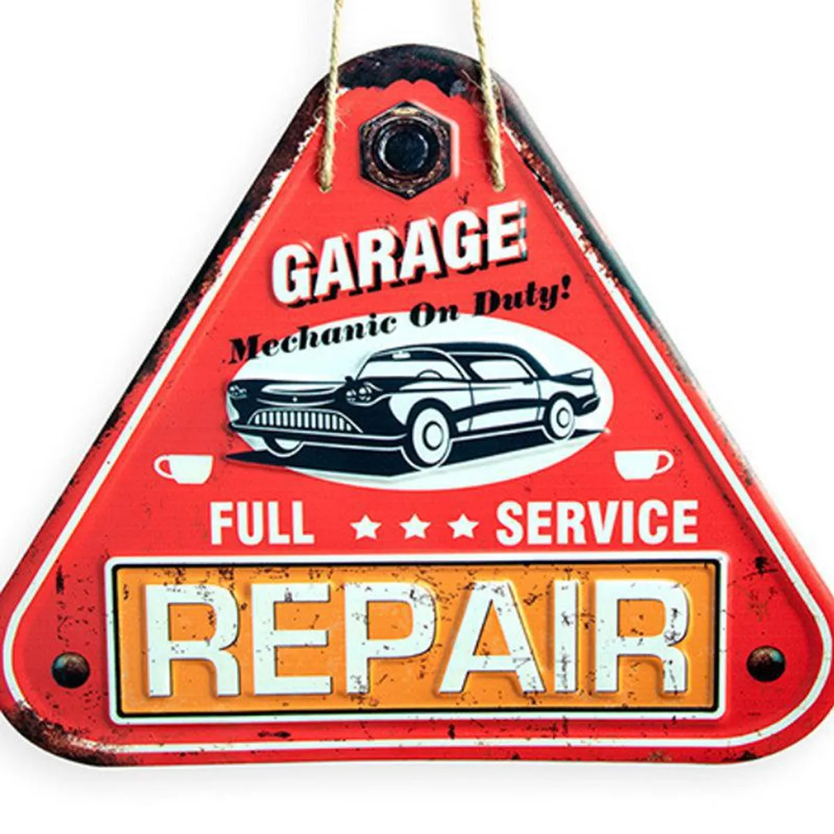 Close-up of the red triangular automobile-themed metal wall accent