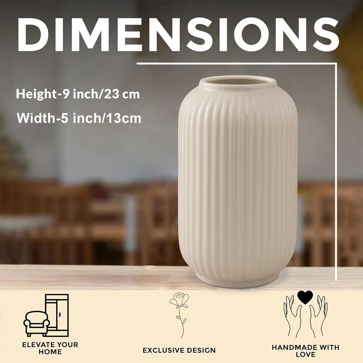 Opulent Ribbed Ceramic Vase - Beige media 5