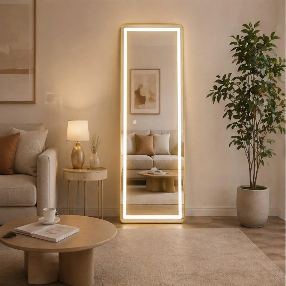 Gold-framed illuminated floor mirror styled in a contemporary living room