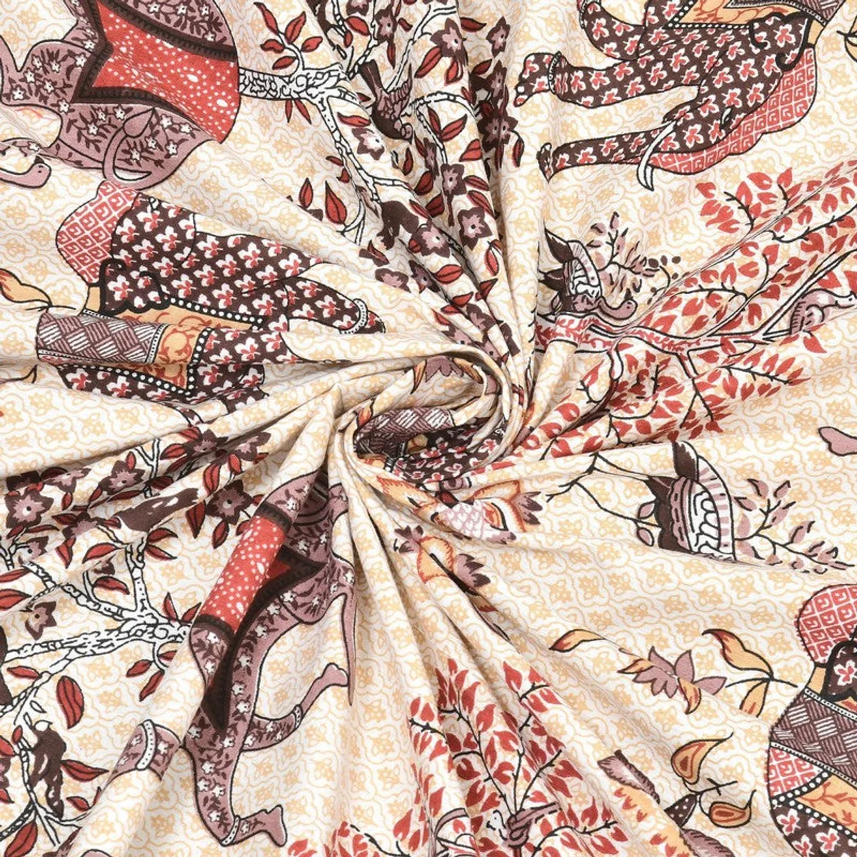 Close-up of the bedsheet's maroon, beige and cream printed fabric