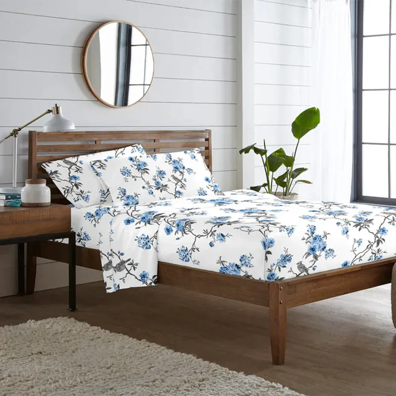 Cherry Blossom Printed Cotton Bedsheet (White, Blue) - 300 TC media 3
