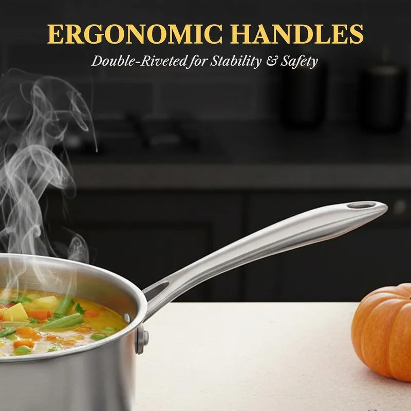 Close view of the long silver handle attached to a stainless steel saucepan