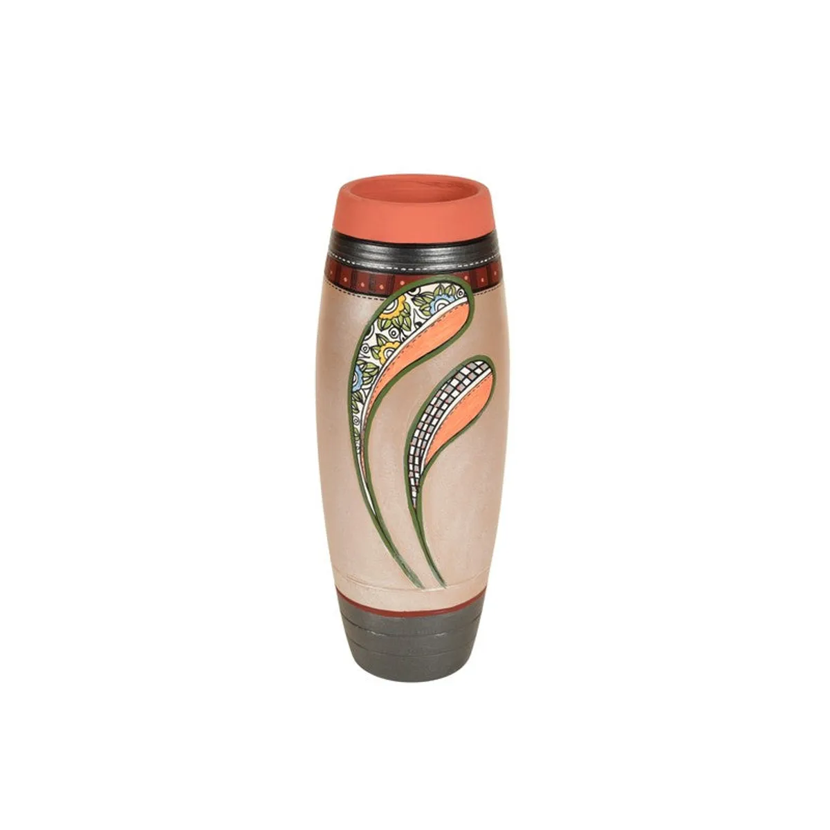Single tall terracotta vase with painted leaf motif on a plain background