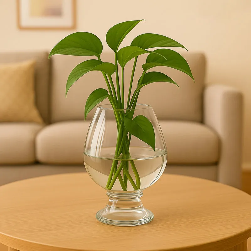 Transparent glass urn vase with green stems on a round table