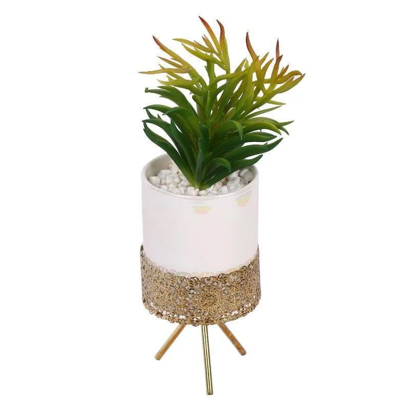 Faux Red Senecio In Ceramic Pot With Tripod - 24.5 cms media 4