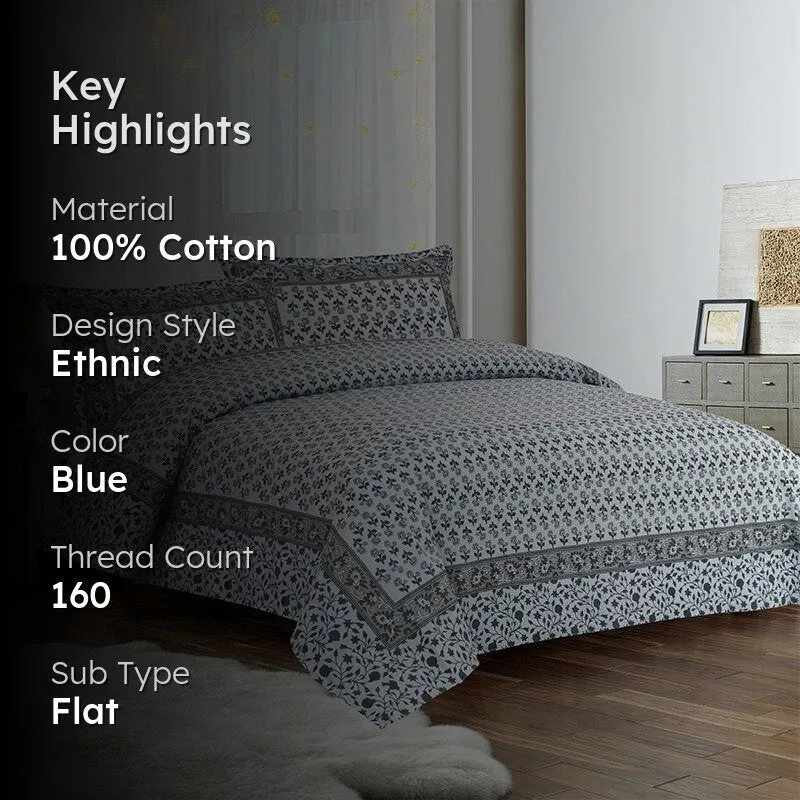 Ginnia Printed Cotton Bedsheet (Blue) - 160 TC media 2