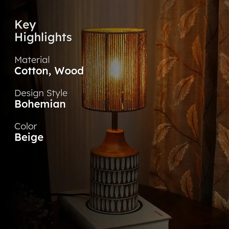 Ambercore Wooden Base Cotton Table Lamp - Beige media 2
