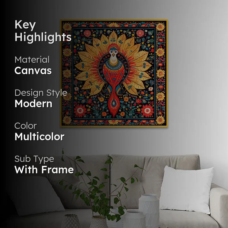 Peacock Trance Canvas Wall Painting With Frame - Gold media 2