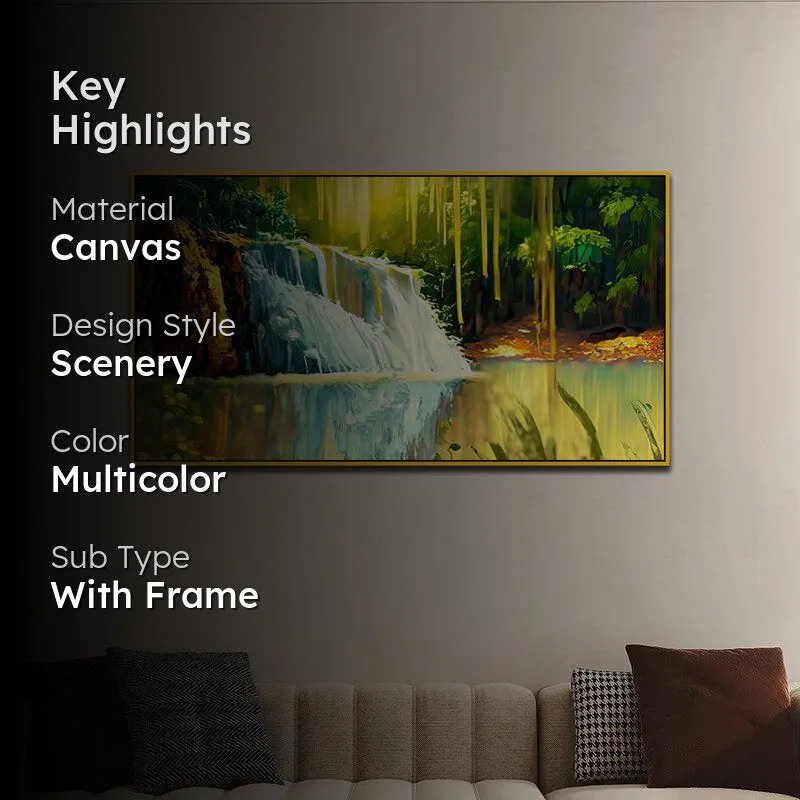 Autumnal Waterfalls Landscape Canvas Wall Painting With Frame - Gold media 2