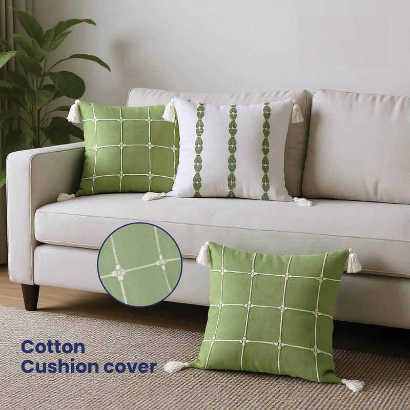 Urban Space SoftWeft White,Green Cotton Cushion Cover Set -  Set of Three media 3