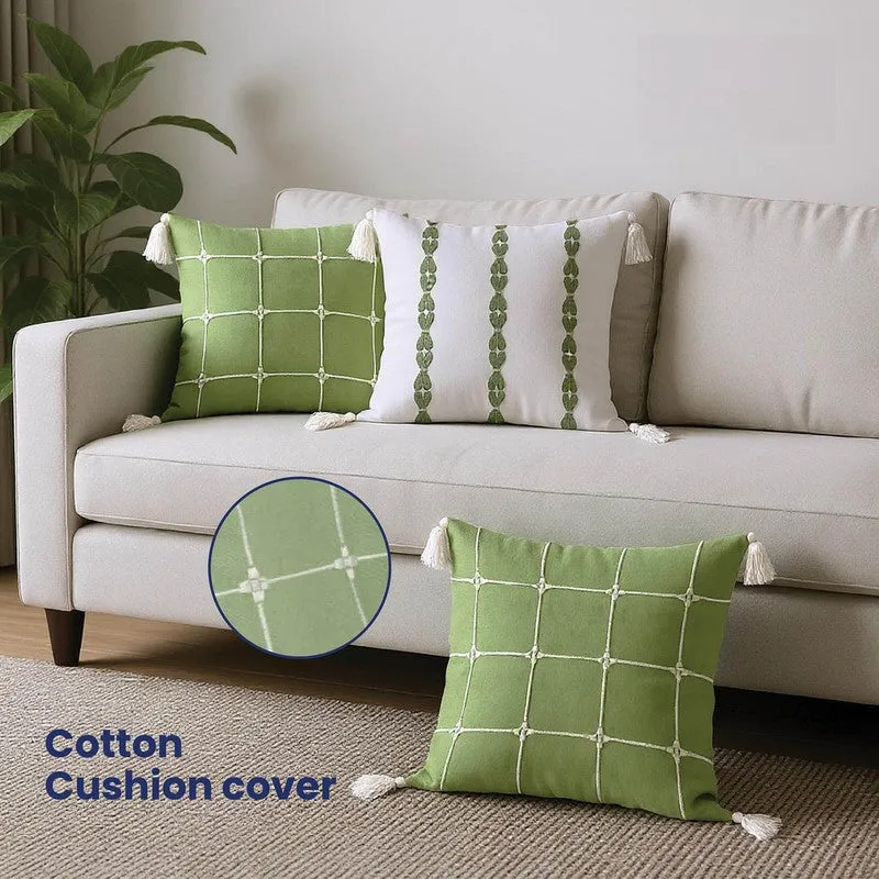 Urban Space SoftWeft White,Green Cotton Cushion Cover Set -  Set of Three media 3