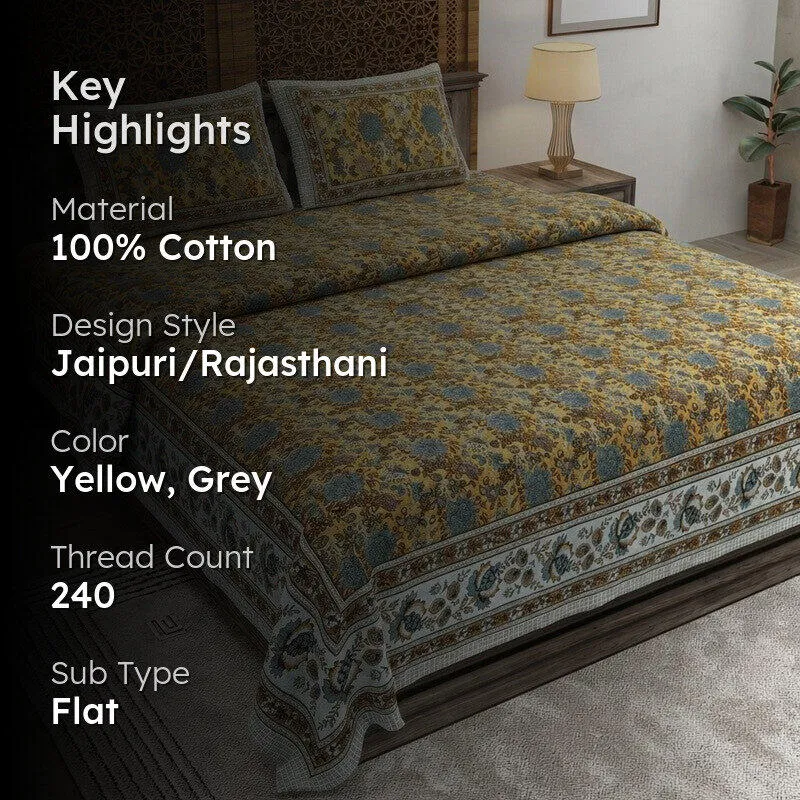 Florael Cotton Bedsheet (Yellow,Grey) - 240 TC media 2