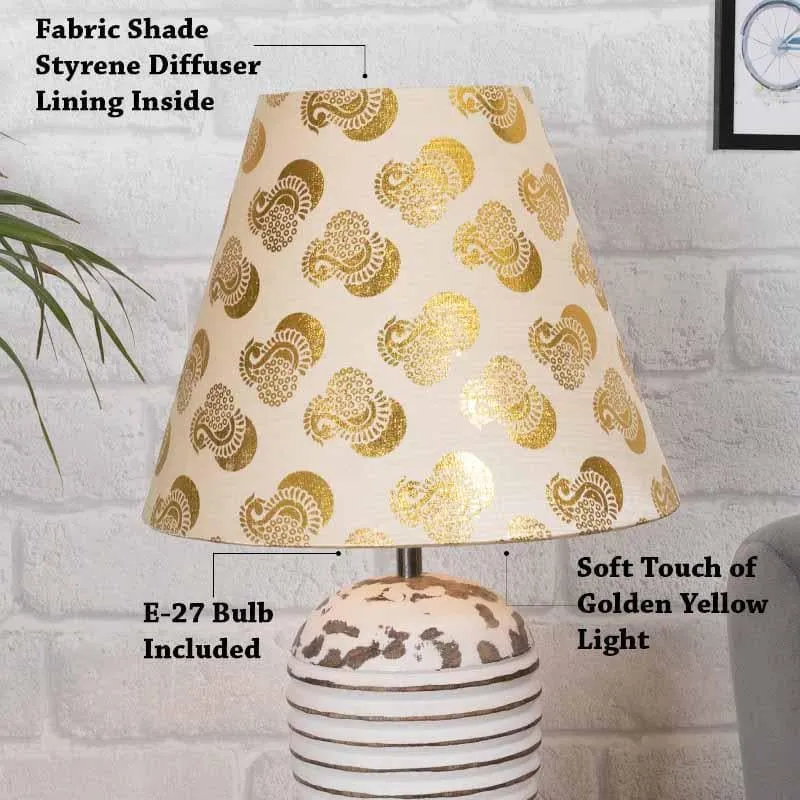 White Fabric Table Lamp - White,Gold media 5