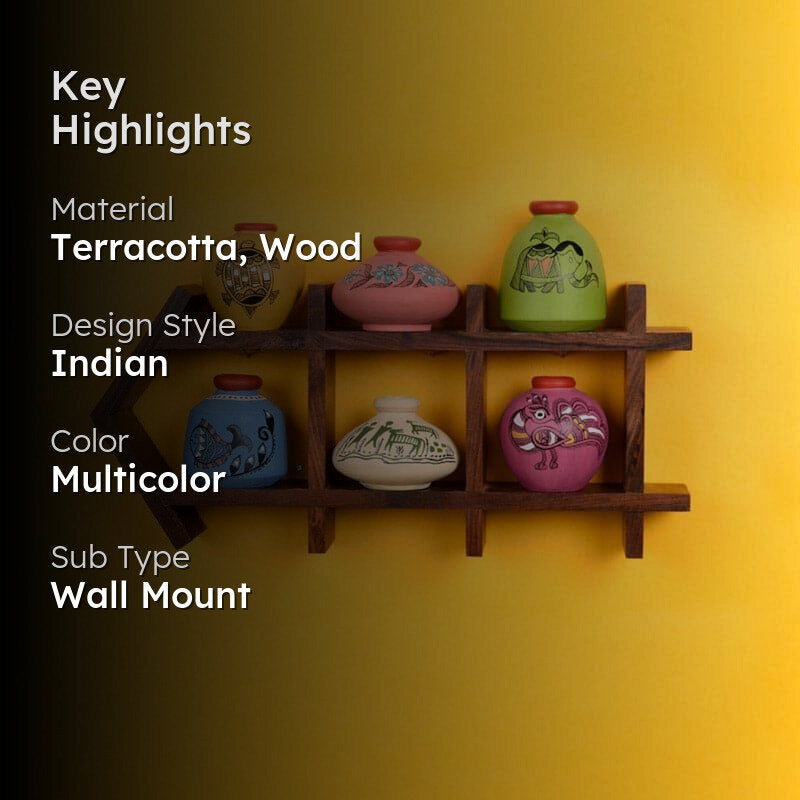 Bosa Wooden Wall Shelf With Madhubani Pot - Set Of Seven media 2