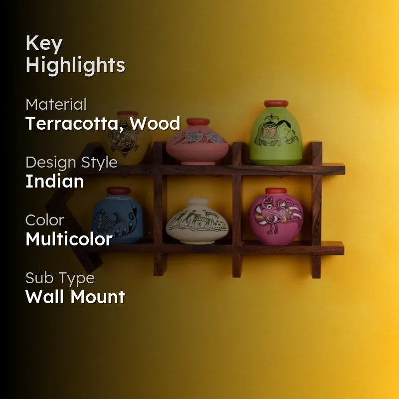 Bosa Wooden Wall Shelf With Madhubani Pot - Set Of Seven media 2