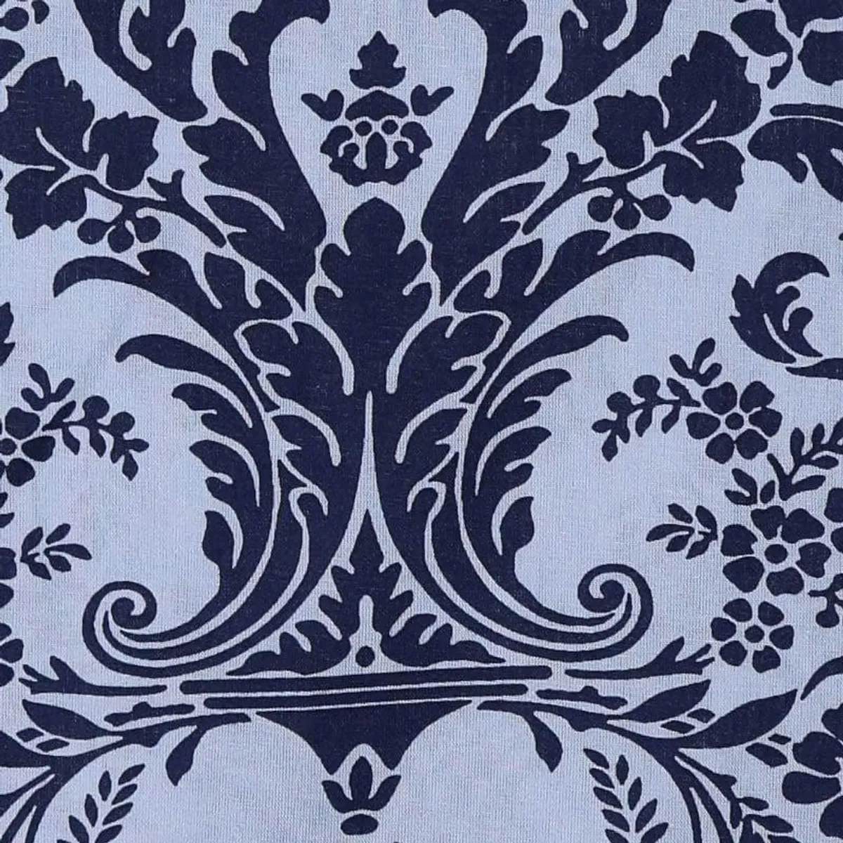 Close-up of dark blue ornate floral ethnic print on light blue fabric
