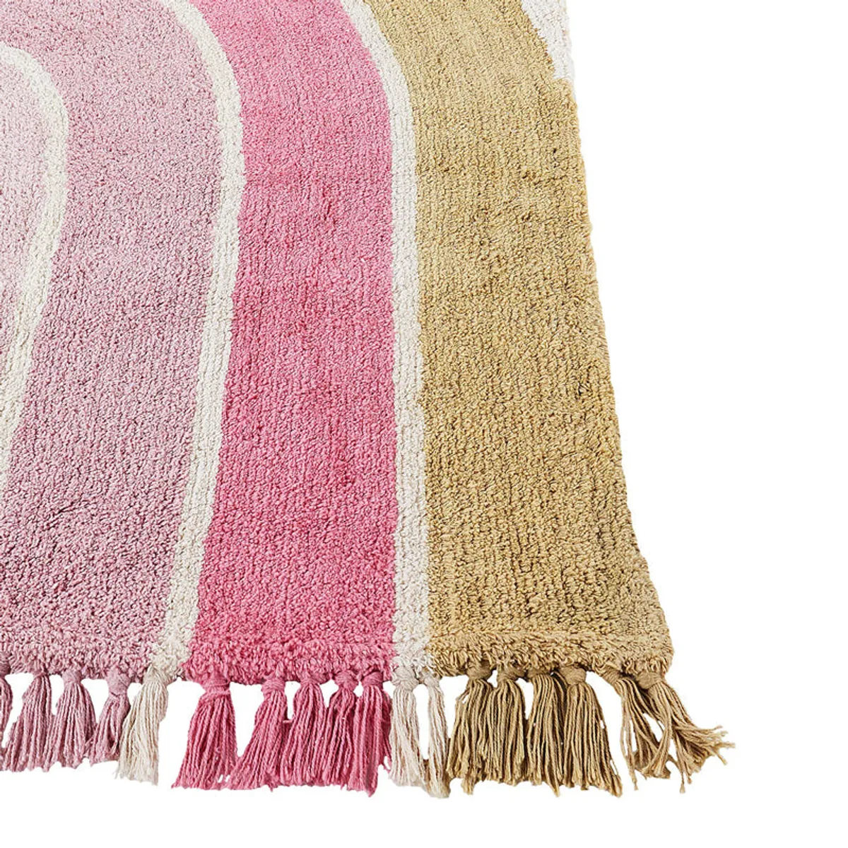 Close-up of pink, cream and gold rainbow bands with decorative fringe