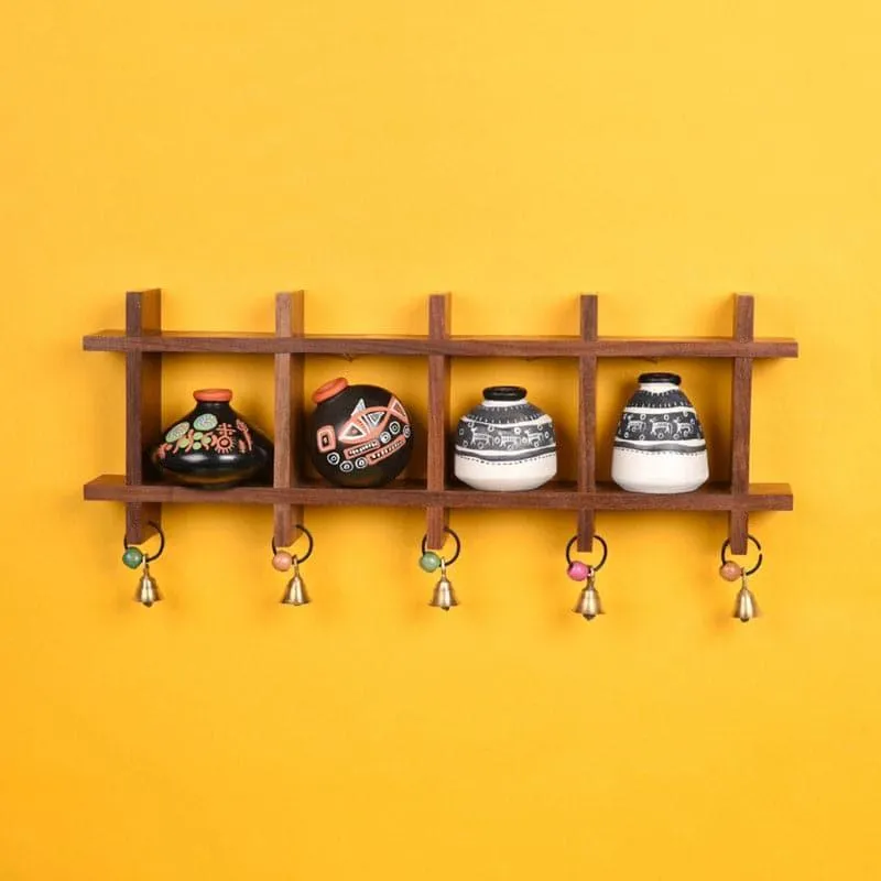 Pelu Grided Wooden Wall Shelf With Warli Pot - Five Piece Set media 1