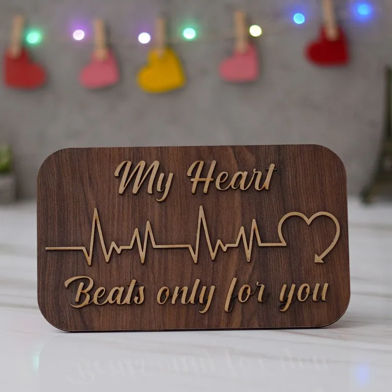 Wood-look rectangular plaque with romantic message and heartbeat motif