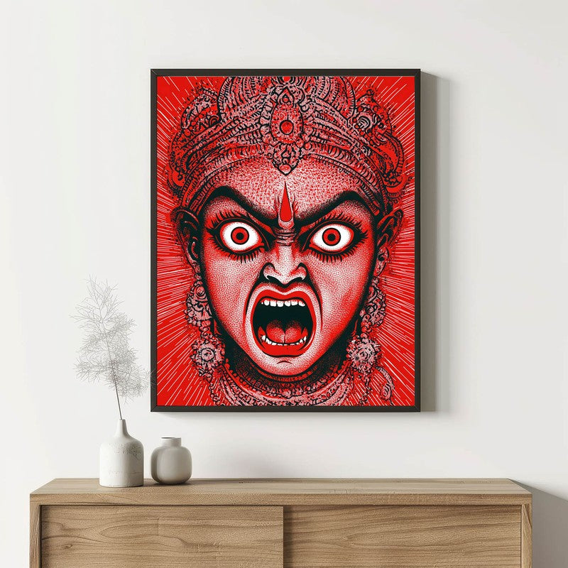 Rudra Mahakali Spiritual Archival Paper Wall Painting With Frame - Black