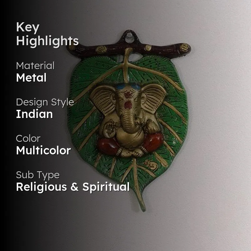 Balganesha Resting on Leaf Religious Metal Wall Accent - Green & Gold media 2