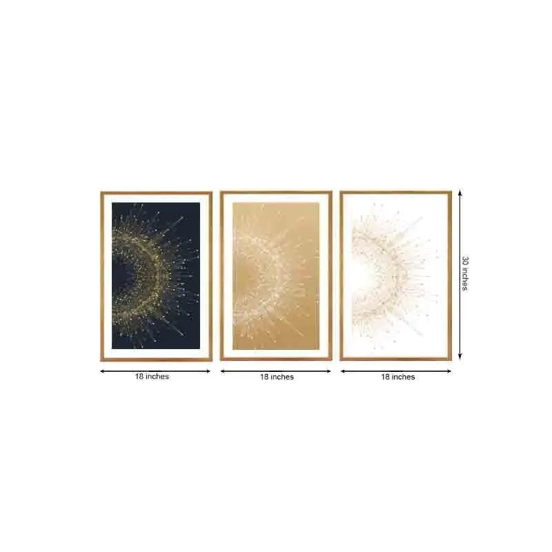 Set of three rectangular wall art panels with starburst designs in dark blue, gold and white