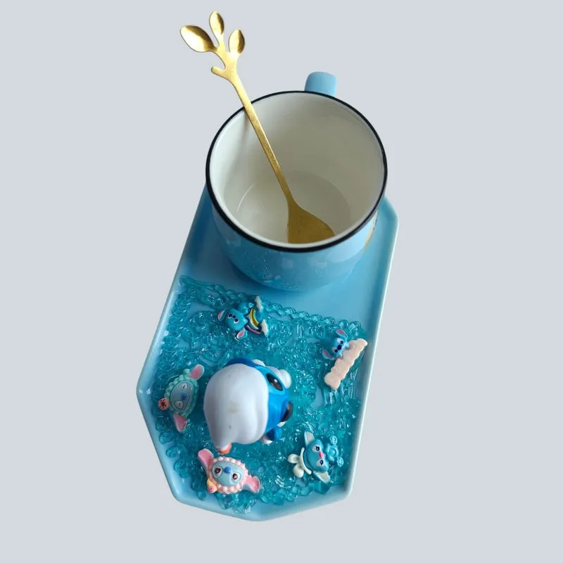 Stitch Bliss Ceramic Coffee Mug With Tray (180 mL) - Blue - 8