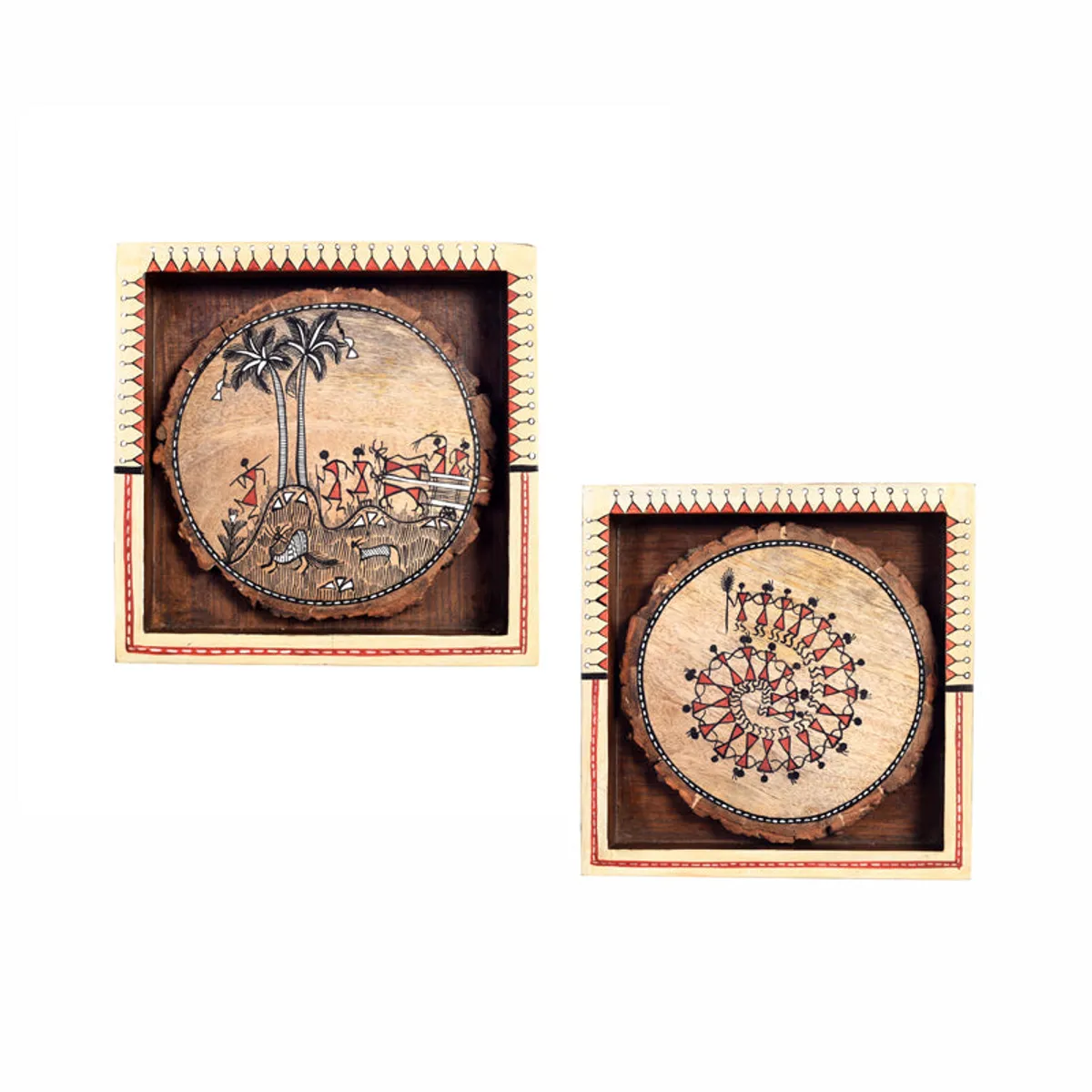 Set of two square framed wooden wall art pieces on a white background