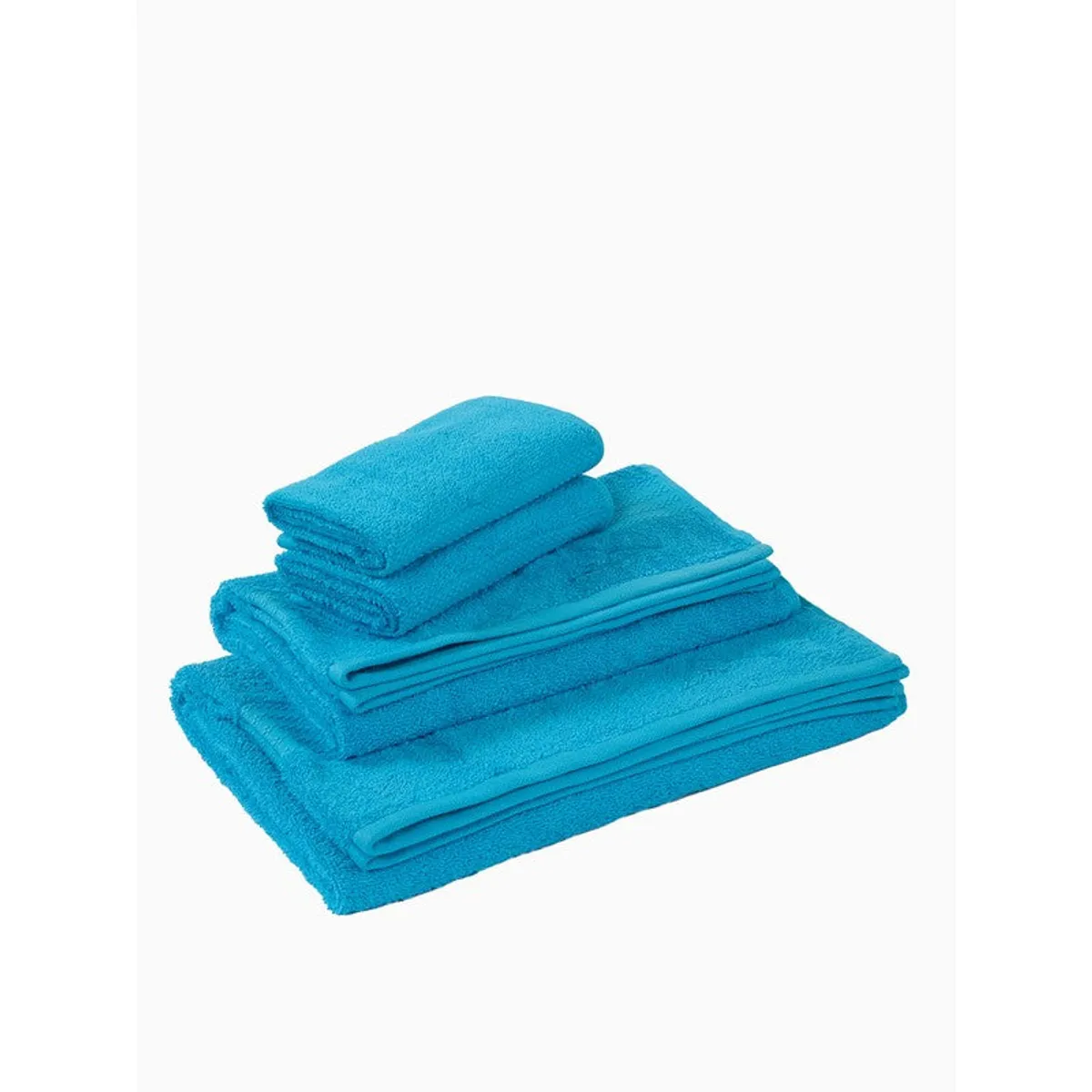 Stack of sky blue towels on a white background.