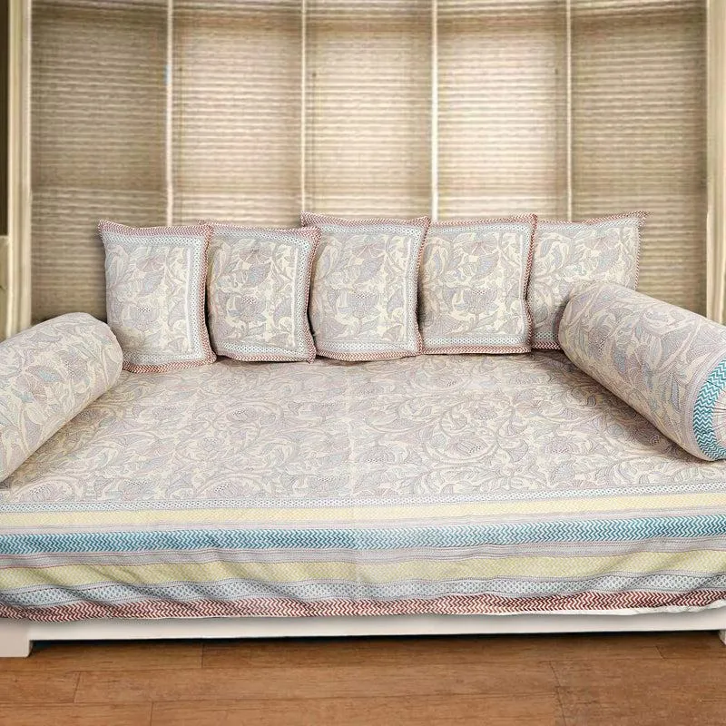 Viya Flora Cotton Diwan Set (Blue & Yellow) - Eight Piece Set media 1