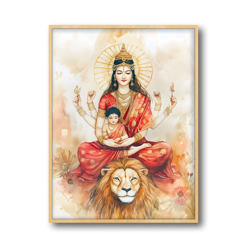 Simhavahini Durga Spiritual Archival Paper Wall Painting - Natural Brown Frame media 5