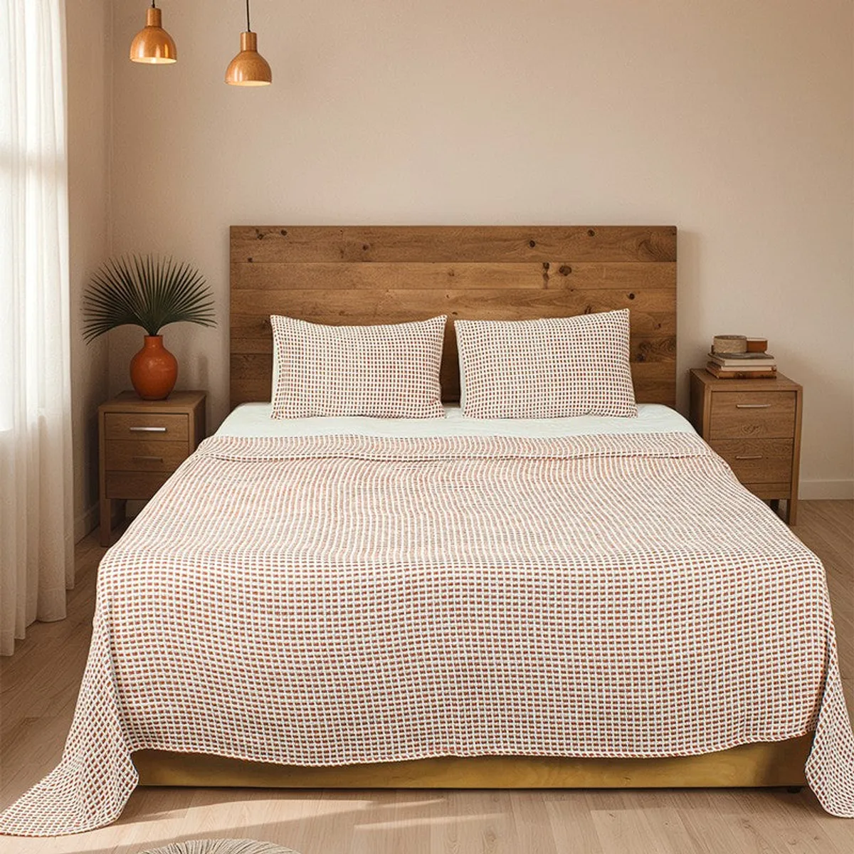 Front view of an orange and off-white checked bedcover on a king bed.