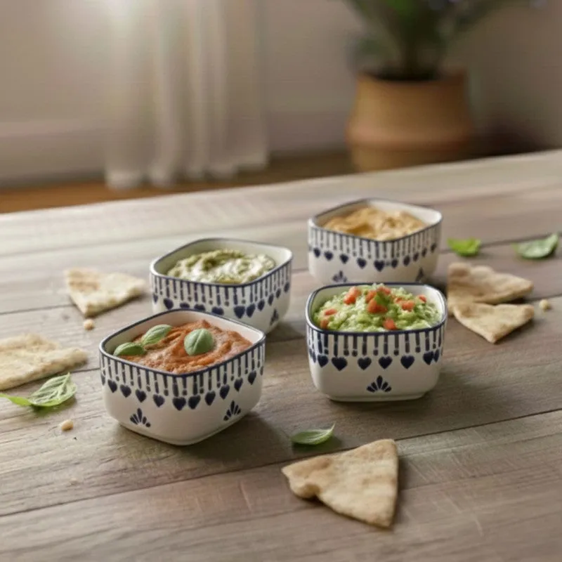 MonoServe Ceramic Dip Bowls (Blue,White ,40 mL Each) - Set Of Four media 3
