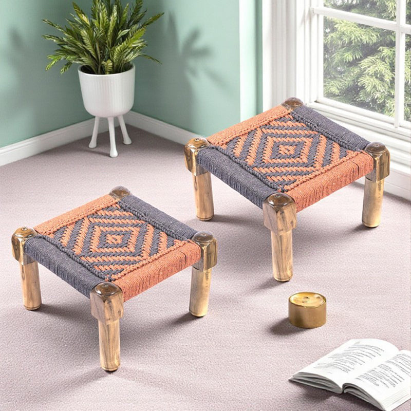 Hirox Sheesham Wooden Stools (Orange,Grey) - Set Of Two