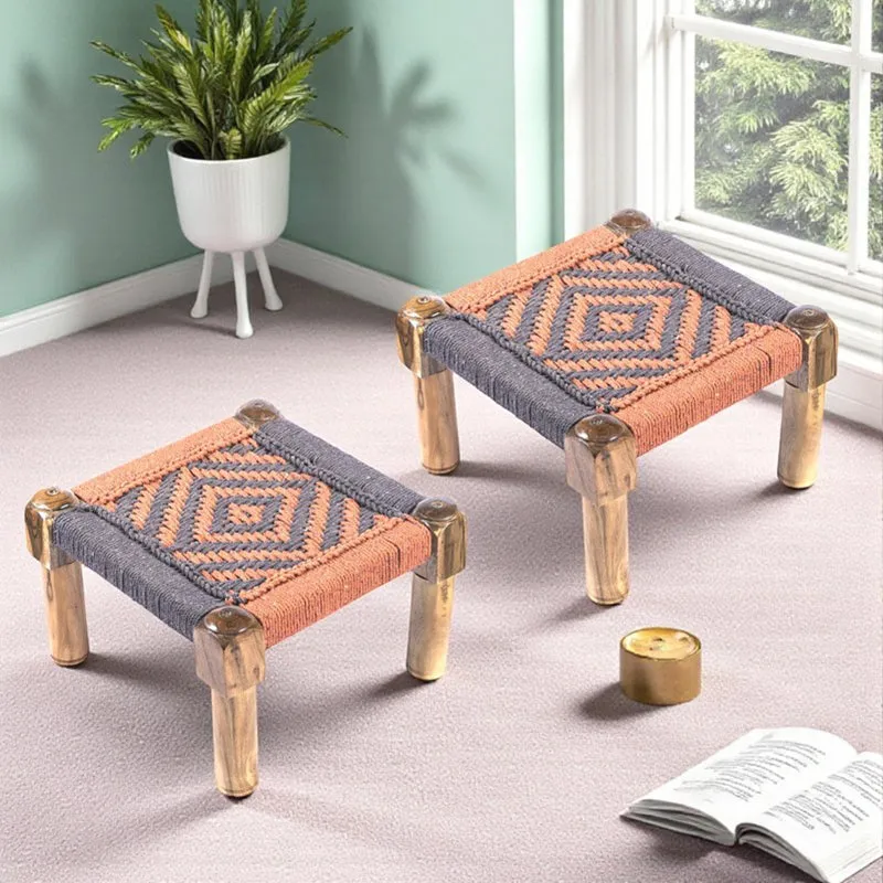 Hirox Sheesham Wooden Stools (Orange,Grey) - Set Of Two media 1