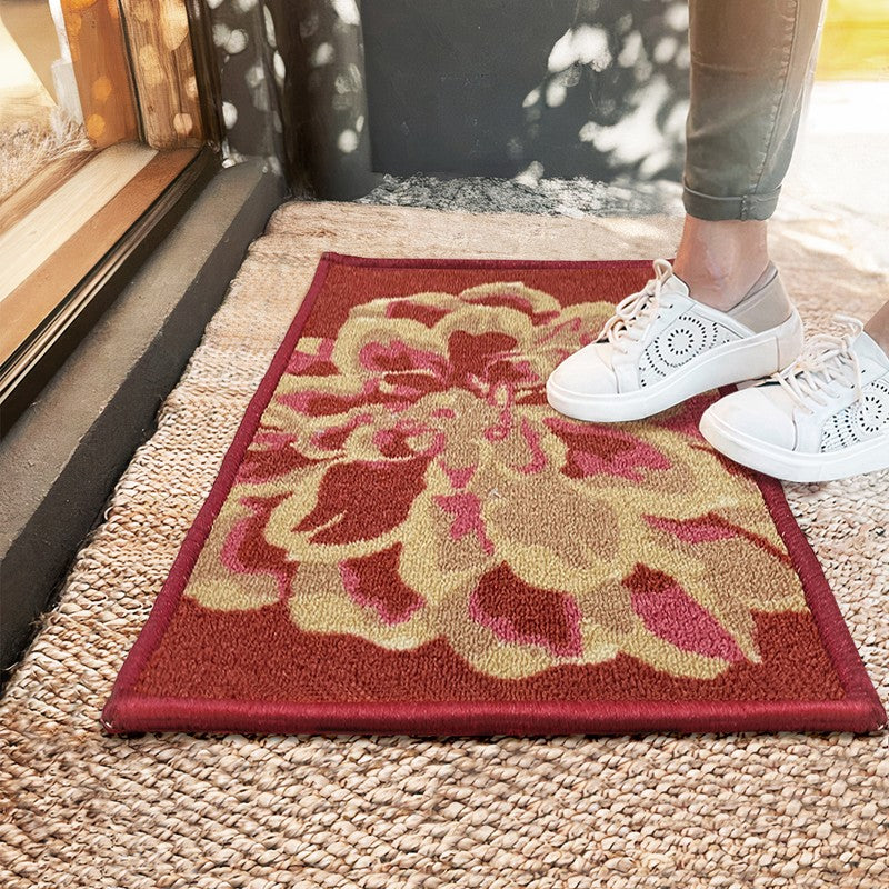 Syra Floral Nylon Door Mats - Maroon - 57 x 37 cms