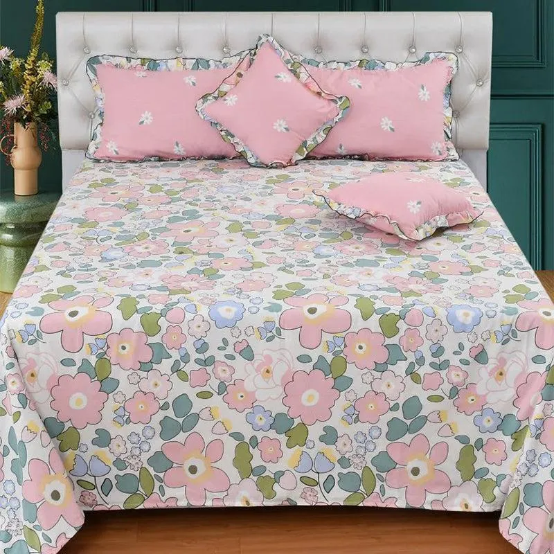 Pink Plume Frilled Floral Cotton Microfiber Bedding Set - Five Piece Set media 1