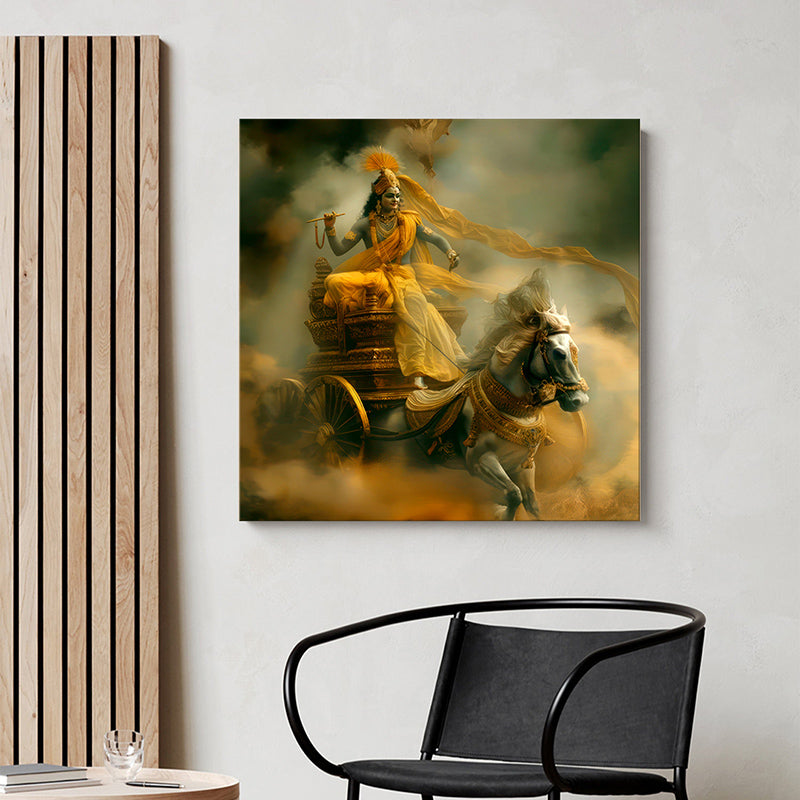 Krishna Chariot Poly Canvas Wall Painting