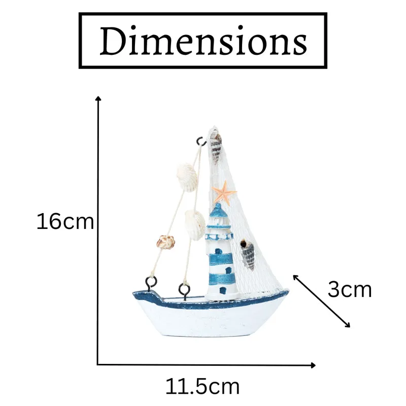 Sailboat showpiece shown with measurement arrows on a white background