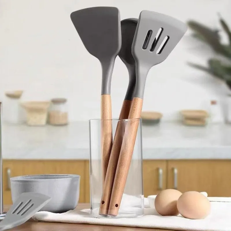 Heat (Resistant Silicone Cooking Utensil Wooden Handles) - Three Piece Set media 5