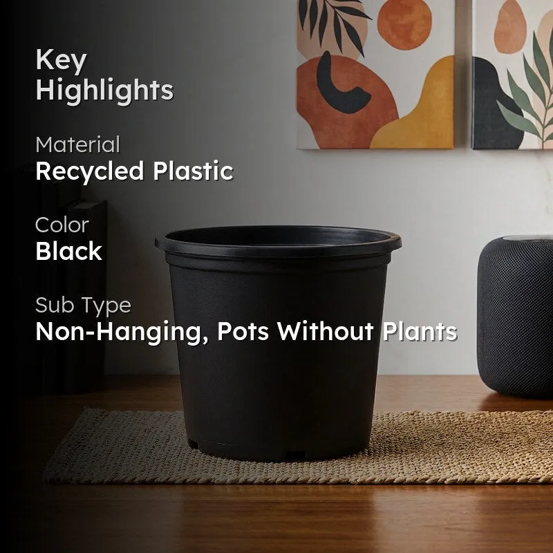 Black plant pot shown with product highlights