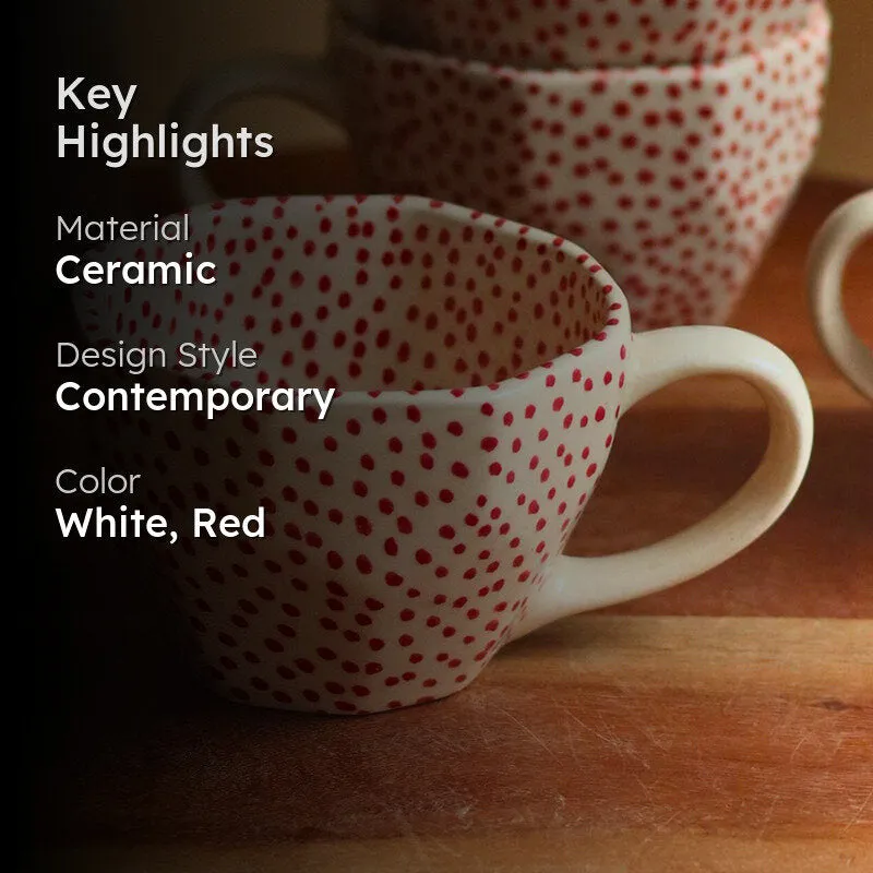 Polka Ceramic Tea Cup (230 mL)/White,Red) media 2