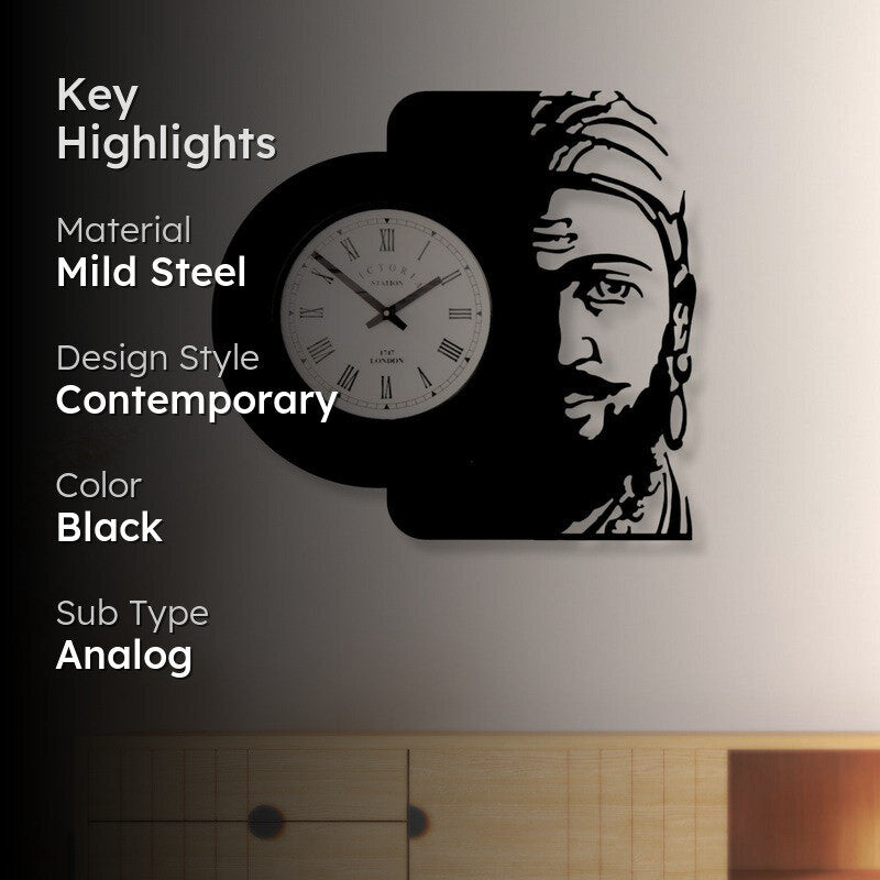 Shivaji Maharaj Steel Analog Wall Clock - Black media 2