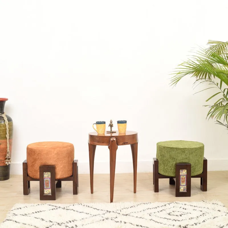 Suede Teak Wood Pouffe - Orange media 6