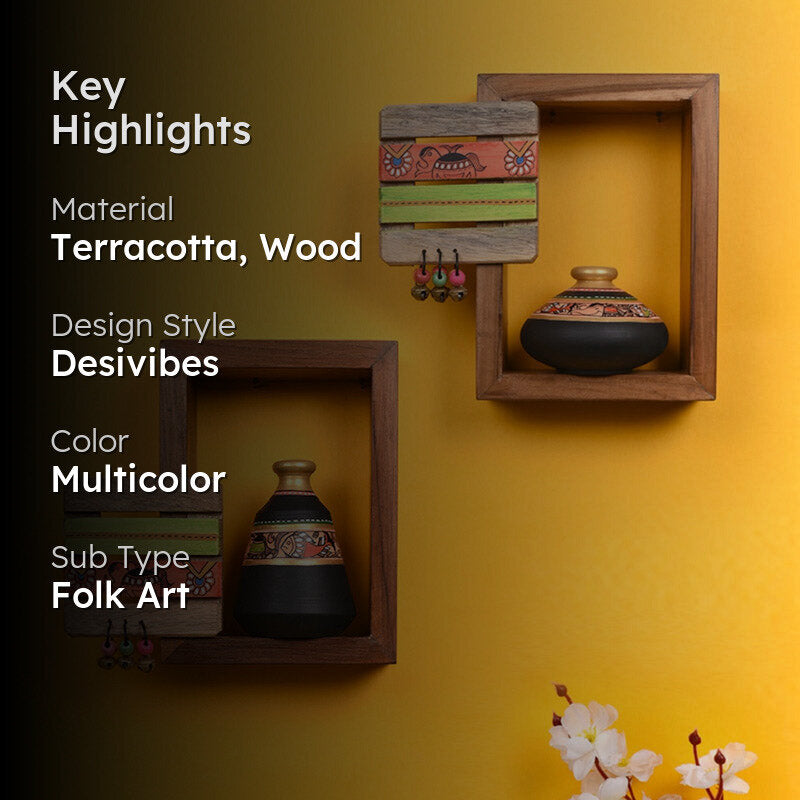 Pankhuri Terracotta & Wood Wall Shelve With Pot - Four Piece Set media 2
