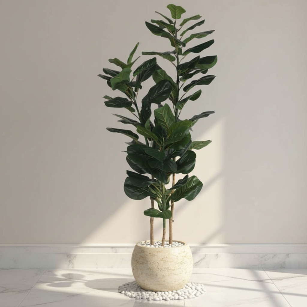 Modern Lush Fiddle Leaf Fig Plant With Black Fiber Pot - 4.6 Feet
