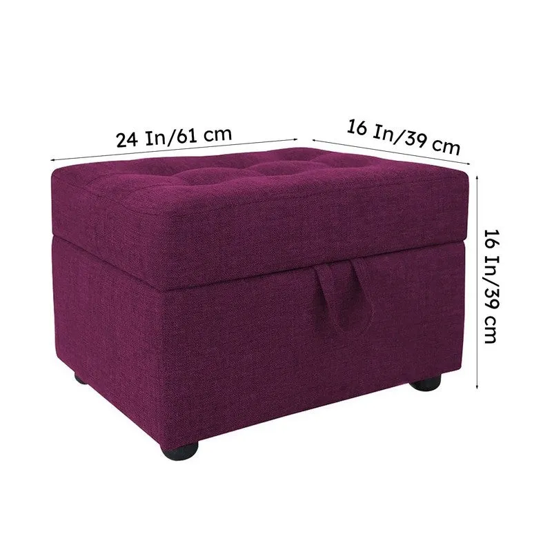 Purple ottoman with dimensions marked on the image